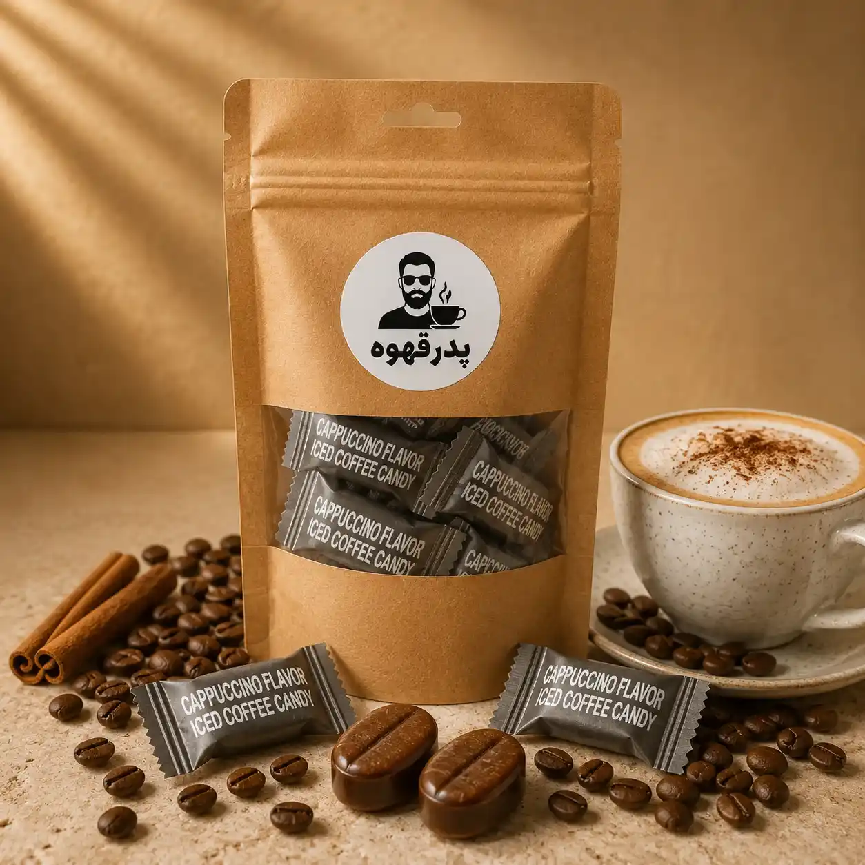 قرص قهوه کافی کندی کاپوچینو اصل کنار فنجان کاپوچینو با فوم شیر